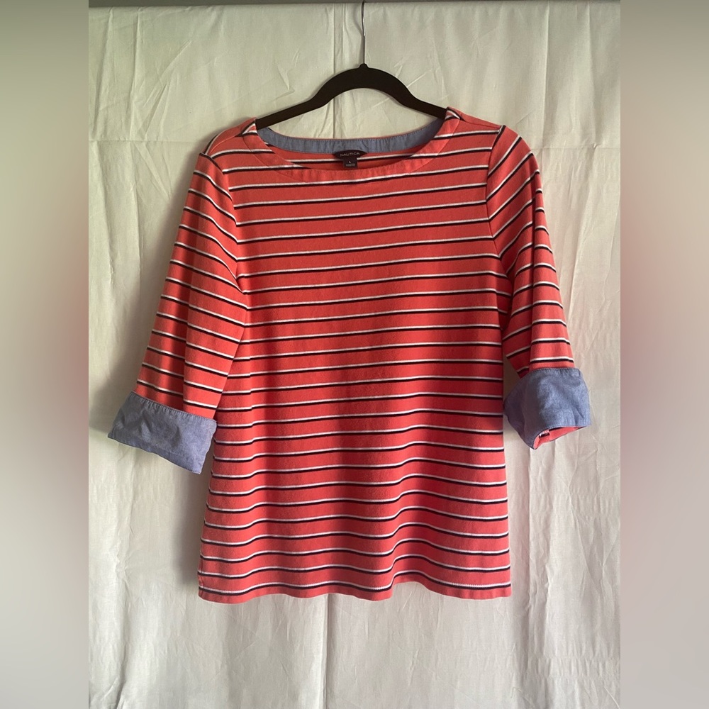 Nautica 3/4 sleeve striped salmon and navy top size Large